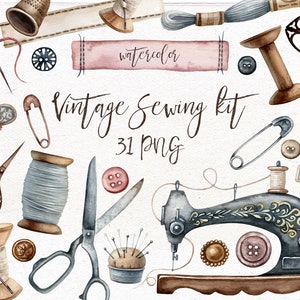 Watercolor vintage sewing clip art. Branding kit, sewing machine, needlework, stitching, scissors DIY clipart. Individual PNG files.