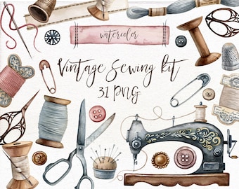 Watercolor vintage sewing clip art. Branding kit, sewing machine, needlework, stitching, scissors DIY clipart. Individual PNG files.
