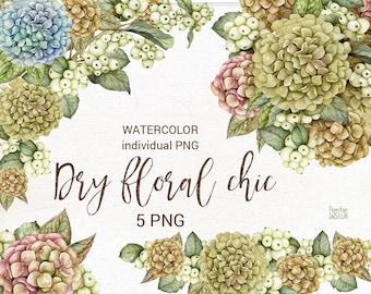 Watercolor  Boho chic wedding invitation bouquet. Dry hydrangea flowers and leaves clip art.  Autumn White Snowberries.