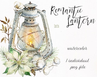 Watercolor winter Lantern clipart. Rustic lantern with light. Christmas snow printable card DIY. Holiday decoration with cotton flowers.