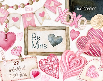 Aquarell Herzen romantisch Clipart. Love Hochzeitseinladung Design Clip Arts. Pink Girlande Flaggen, Kekse einzelnen PNG separate Dateien.
