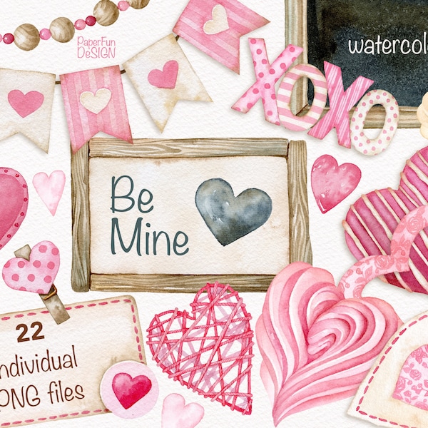 Watercolor hearts romantic clipart. Love wedding invitation design clip arts. Pink garland flags, cookies individual PNG separate files.