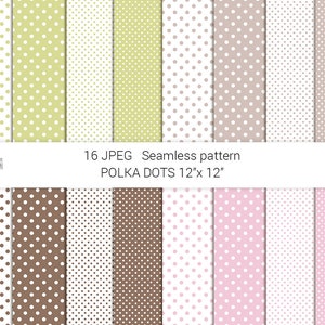 Modèle sans couture à pois. Collection de papier numérique de Pâques. JPEG rose, fond vert marron. Papier imprimable scrapbooking, motif tissu