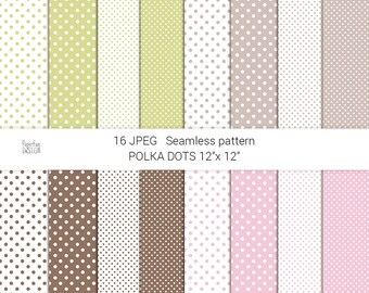 Polka dot seamless pattern. Easter digital paper collection. JPEG pink, brown green background. Scrapbooking printable paper, fabric pattern