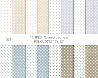 Polka dot seamless pattern. Easter digital paper collection. Gray, blue, brown beige, background. Scrapbooking printable paper, fabric.