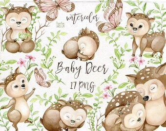 Watercolor woodland cute animals, baby deer, fawn forest clip art. Kids party decoration, printable digital PNG files.