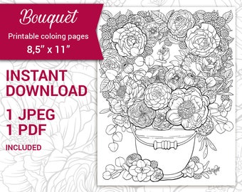 PDF, JPEG Printable adult coloring page. Botanical printable coloring page. Romantic bouquet, Spring,  Summer. Flowers and leaves coloring.