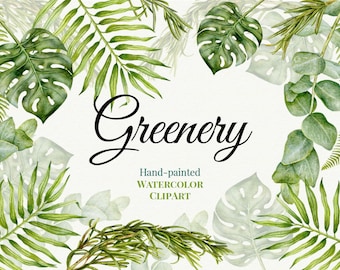 Greenery Clip Art, Watercolor Tropic leaves, Eucalyptus, Wedding Watercolor Greenery, Split Leaf Philodendron, Fern Frond,DIY.