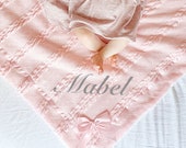 Personalised Baby Blanket, Girls Pink Cable Knit Shawl, Fleece Lined Wrap with Satin Bow, Baby Gift