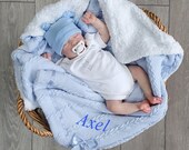 Personalised Baby Blanket, Baby Boy Gift, Blue Cable Knit Wrap, Fleece Lined Shawl with Satin Bow,