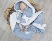 Personalised Baby Gift, Dusty Blue Cable Knit Fleece Pom Pom Baby Blanket Wrap