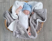 Personalised Baby Blanket, Grey Cable Knit Wrap, Fleece Lined Shawl with Satin Bow, Baby Girl, Baby Boy, Unisex Gift