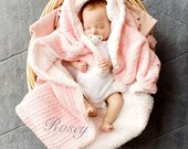 Personalised Baby Blanket, Girls Pink Cable Knit Shawl, Fleece Lined Wrap with white Pom, Baby Girl Gift