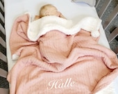 Personalised Baby Blanket Girls Rose Gold Shawl Cable Knit Fleece Pom Pom Wrap Baby Gift Baby Shower Gift