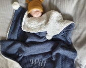 Personalised Baby Blanket Baby Gift Steel Blue Cable Knit Wrap Fleece Pom Pom Baby Shawl
