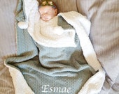 Personalised Baby Blanket Unisex Sage Cable Knit Shawl with Sherpa Fleece Lining and Pom Poms