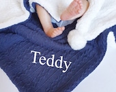 Personalised Baby Blanket - Boy 39 s Navy Blue Cable Knit - Fleece Pom Pom Wrap - New Baby - Christening - Baby Shower Gift