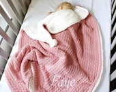 Personalised Baby Blanket Girls Dusty Pink Cable Knit Fleece Pom Pom Wrap Baby Gift