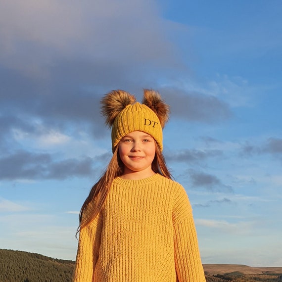 Mustard Double Pom Pom Hat Personalised 