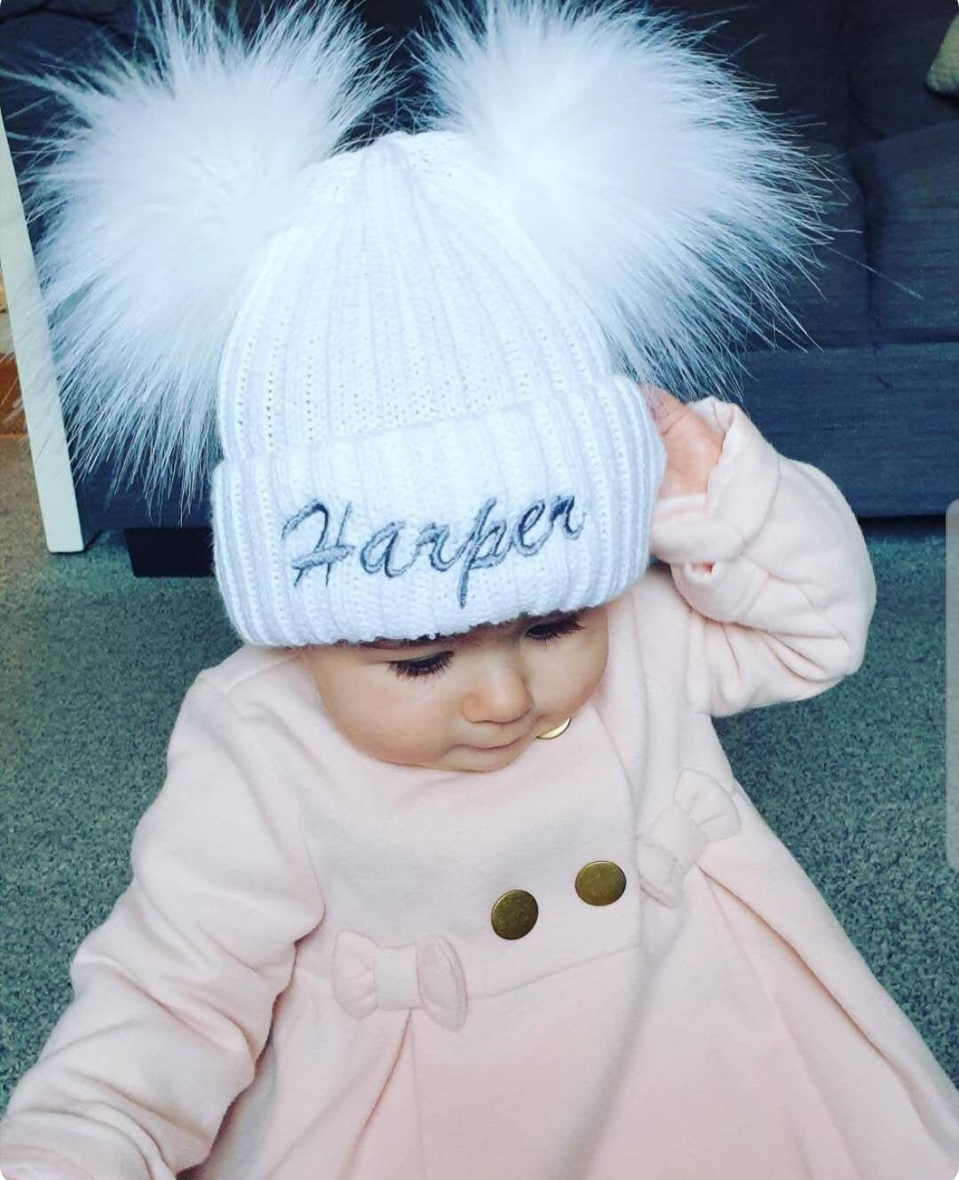 British Made Baby Girls Baby Boys Personalised Knitted White Pom Pom Hats