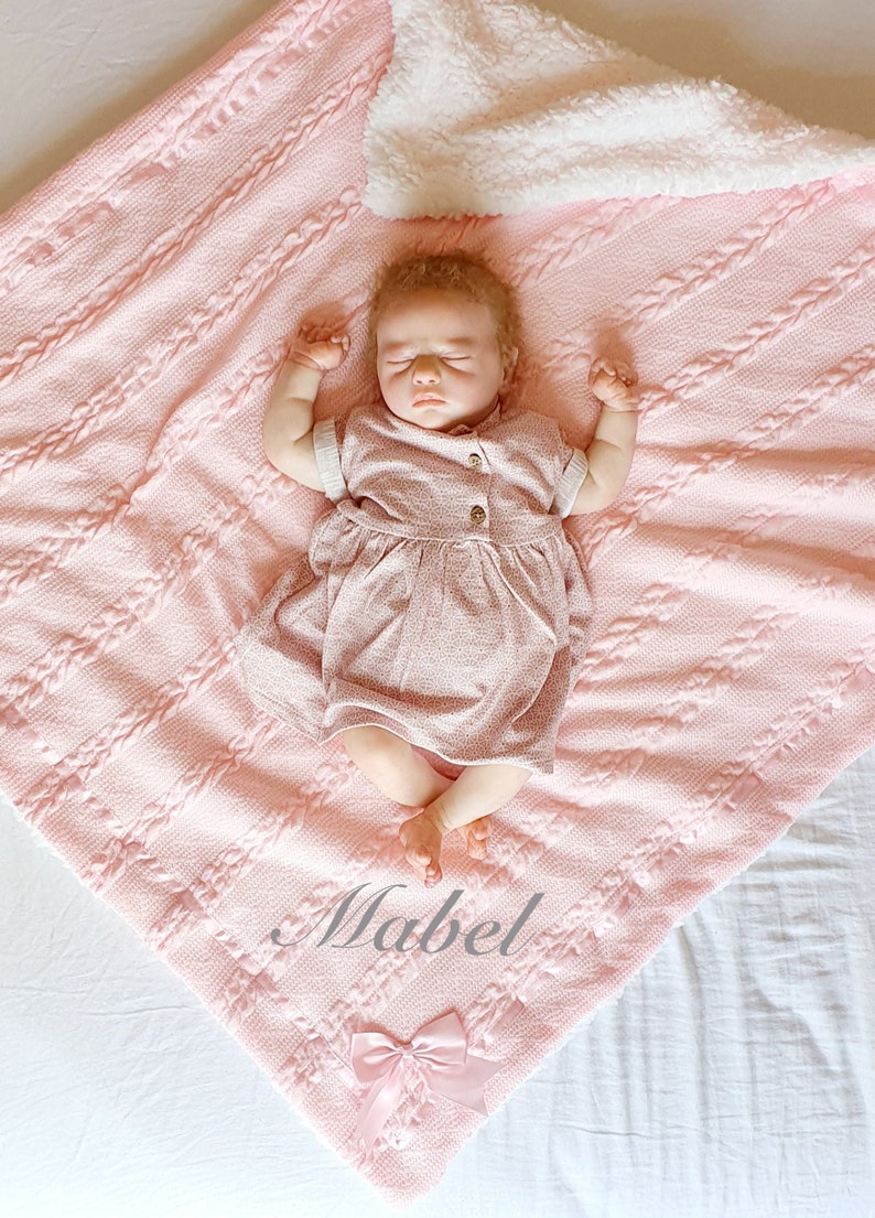 Personalised Baby Blanket | Girls Pink Cable Knit Shawl | Fleece Lined Wrap with Satin Bow | Baby Gift | Personalized Baby Shower Gift 