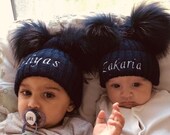 Personalised Baby Boy Girl Toddler Navy Pom Pom Hat - Newborn - 6 Years Baby Gift Baby Shower Gift Gift for Boys Girls