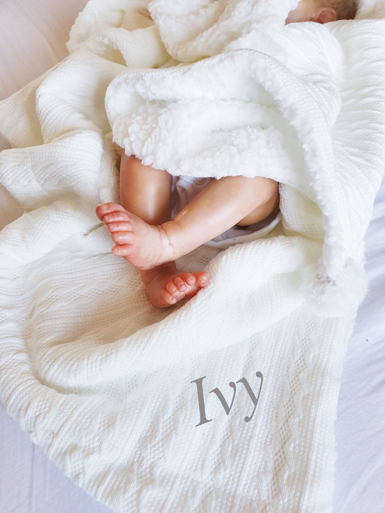 Personalised White Baby Blanket | Cable Knit Shawl with Sherpa Fleece Lining | Pom Pom Wrap | Baby Gift | Personalized Baby Shower Gift 