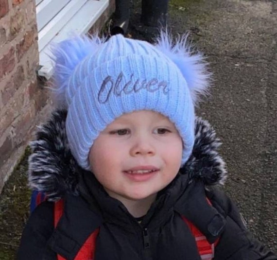 Personalised Baby Boy Girl Toddler Blue Pom Pom Hat Newborn Etsy