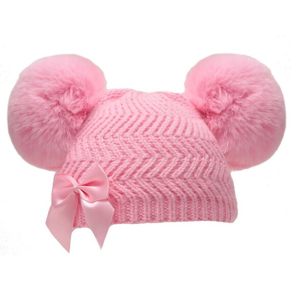 Winter Hat Pink Double Pom Beanie 