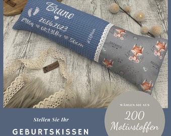 Geburtskissen Gewicht Größe Kissen Geschenk Geburt Taufe Echtmaß Originalgewicht, Boho Fuchs rauchblau