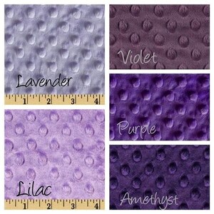 May include: Four fabric swatches in different shades of purple. The swatches are labeled "Lavender", "Violet", "Purple", and "Amethyst".
