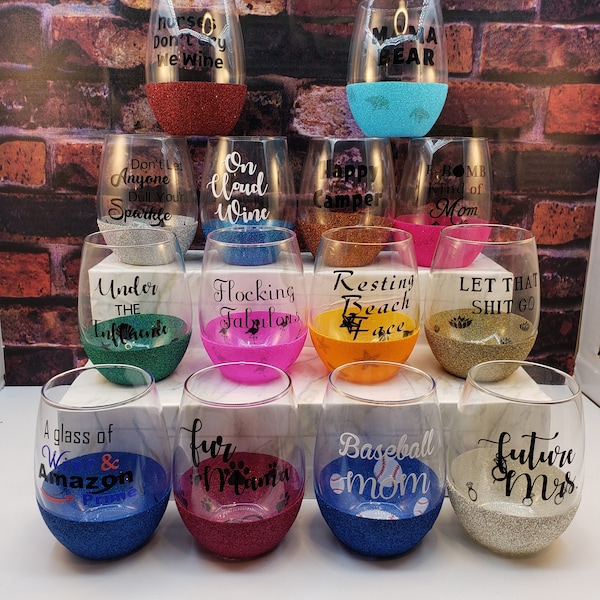 Themed glittered wine glass