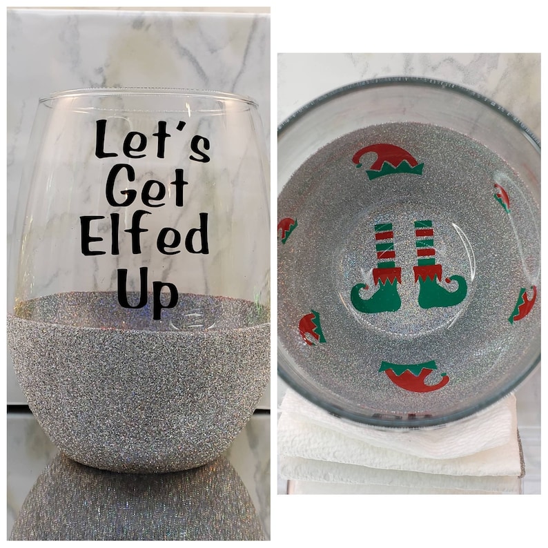 Christmas Themed Glittered Wine Glasses Christmas Wine Glass Etsy
