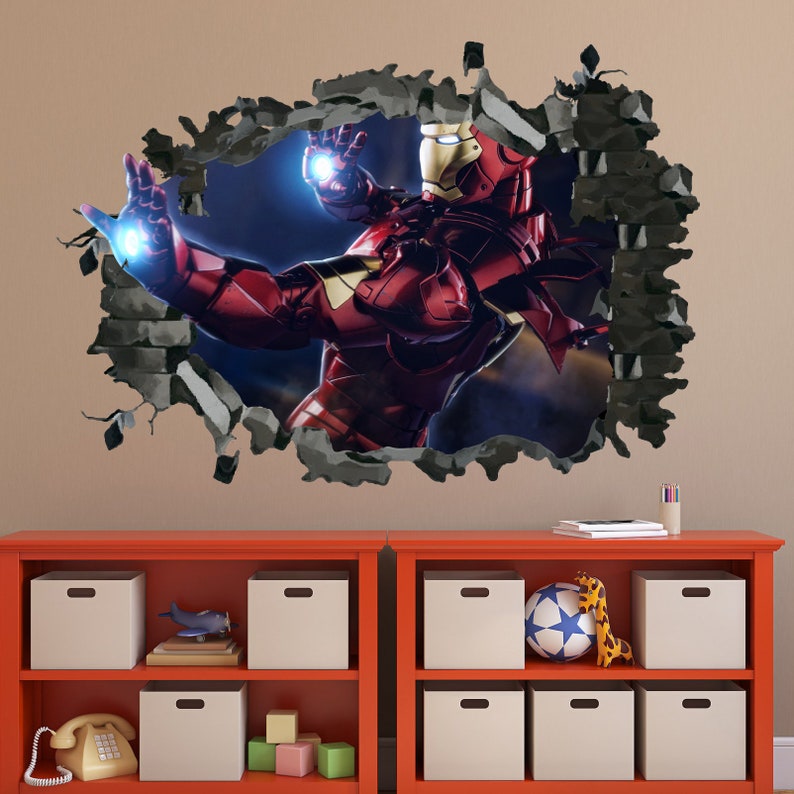 Iron Man Wall Decal 3d Smashed Sticker Avengers Hole In The Boy Room Decor Nursery Dd285
