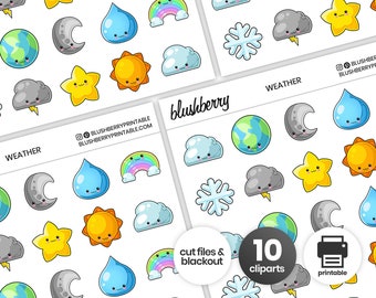 Printable Kawaii Weather Stickers, Kawaii Stickers, Printable Stickers, Cute Stickers, Planner Stickers, Printable Planner