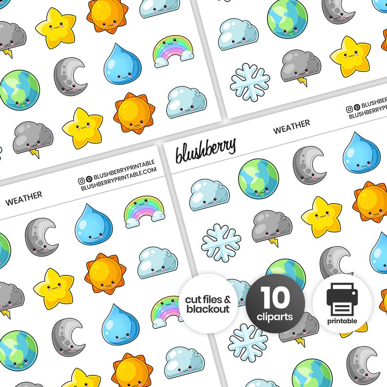 printable kawaii weather stickers kawaii stickers printable etsy