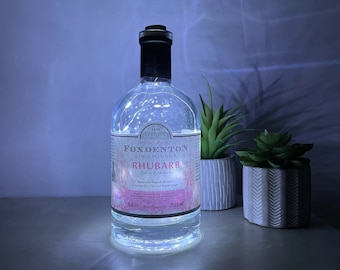 Foxtons rhubarb gin liqueur up-cycled to make a bedside night light/ lamp cute shelf decoration for gin lovers