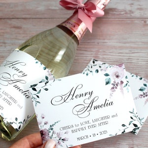 Hochzeitsetiketten für Champagnerflaschen mit Staubrosen - Prost auf Liebe, Lachen und Happy End's - selbstklebende Champagneretiketten