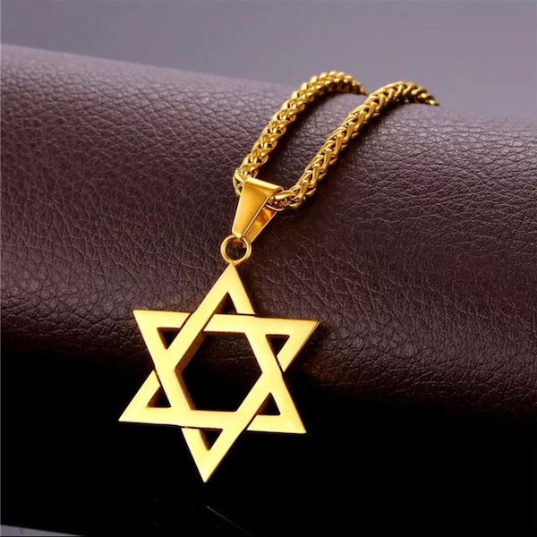 Star of David Pendant & Necklace Chain Stainless Steel Gold color Israel Jewish Judaica Cable Necklace Charm