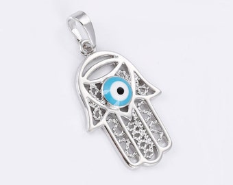 Evil Eye Hamsa Hand of Fatima Judaica Kabbalah Charm Pendant Necklace Rhodium