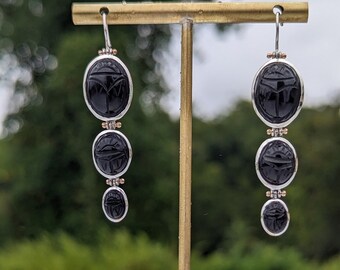 Graduated Onyx Scarab Earrings in Silver with 14k Rose Gold Accents