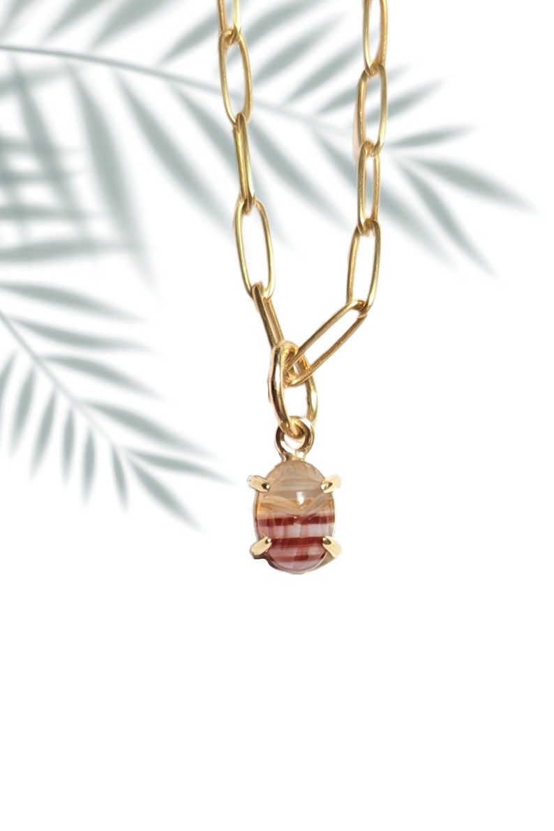 14k Gold Gemstone Scarab Amulet Pendant Necklace/14k Gold Charm/Open Prong Pendant/ Egypt Protection image 1