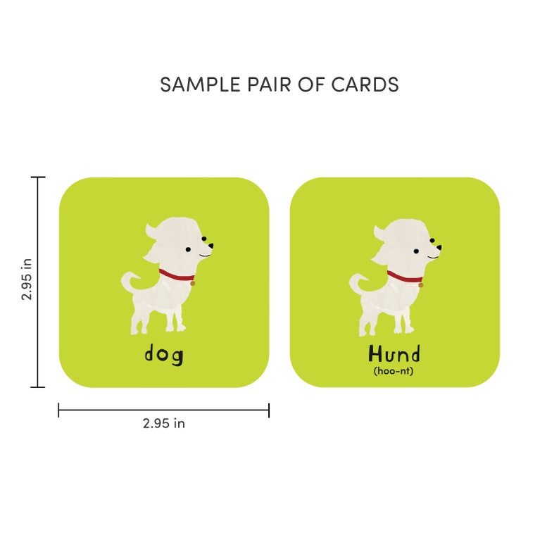 Pu&ograve; includere: Due carte quadrate con angoli arrotondati, ciascuna con l'illustrazione di un cane bianco su sfondo verde lime. La carta a sinistra riporta il testo 'dog' e quella a destra 'Hund (hoo-nt)'. Ogni carta misura 7,49 cm per 7,49 cm.