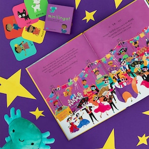 Mexiko Geschenkpaket: Axolotl Plüschtier / zweisprachige Karteikarten Spanisch-Deutsch / Bilderbuch zum Tag der Toten