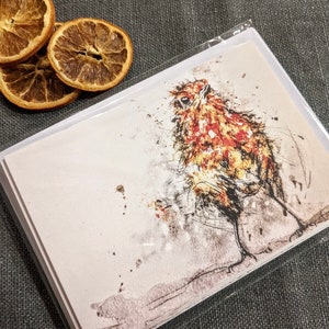 May include: A greeting card featuring a watercolour painting of a robin bird with a red breast, standing on a branch with a snowy background.