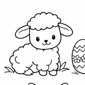 May include: Black and white line art illustration of Easter-themed images. Depicts a lamb, a rabbit, decorated Easter eggs, a tree with hanging eggs, and a basket of eggs, set in a grassy environment.
