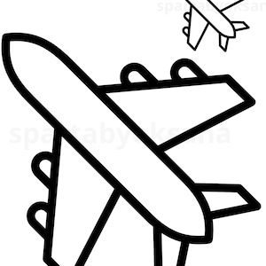 Pode incluir: Uma ilustração de arte linear em preto e branco apresentando dois aviões. Um avião grande e proeminente está posicionado em primeiro plano, enquanto um avião menor é retratado no canto superior direito. O design usa contornos ousados e limpos.