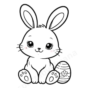 May include: A black and white illustration of a cute bunny sitting next to an Easter egg. The bunny has large eyes, whiskers, and rosy cheeks. The egg is decorated with a flower and stripes.