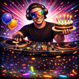 Puede incluir: Un DJ con auriculares y gafas de sol arcoíris sonríe mientras sostiene un pastel de chocolate con velas encendidas. El DJ está en una mesa de mezclas, con globos y confeti en el fondo. La imagen tiene un tema vibrante y festivo.