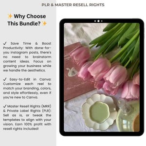 May include: A digital tablet displaying a photo of pink tulips and a cup of green tea on a white surface. The text on the screen reads "Why Choose This Bundle?" and lists the benefits of purchasing the bundle, including "Save Time & Boost Productivity", "Easy-to-Edit in Canva", and "Master Resell Rights (MRR) & Private Label Rights (PLR)".